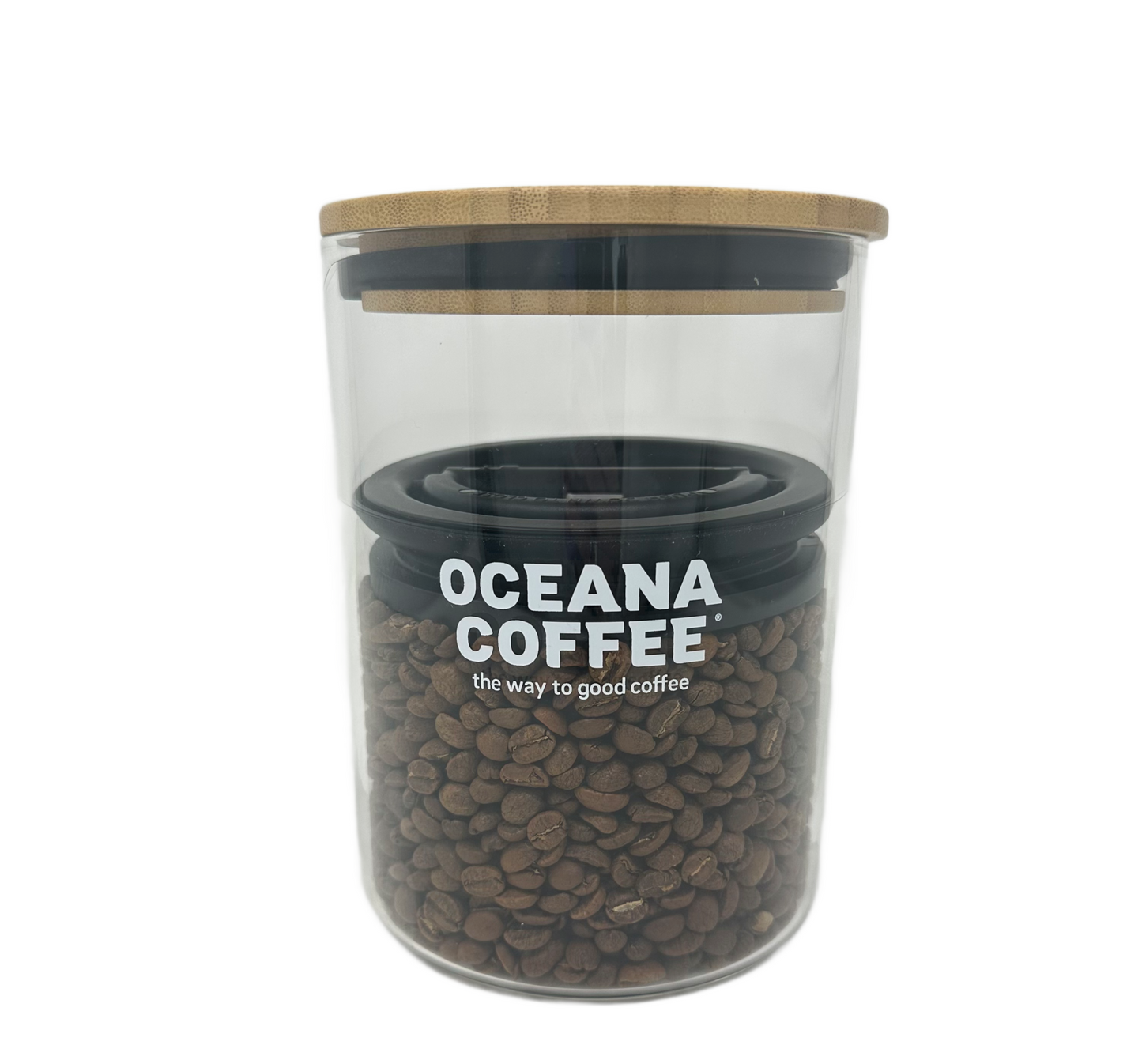 64 Ounce AirScape Container with Oceana Coffee branding filled with coffee beans.
