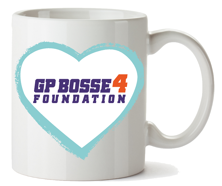 White coffee mug with a blue heart outline and "GP BOSSE4 FOUNDATION" text in purple and orange on the front, representing Xcel Florida supporting youth empowerment programs.