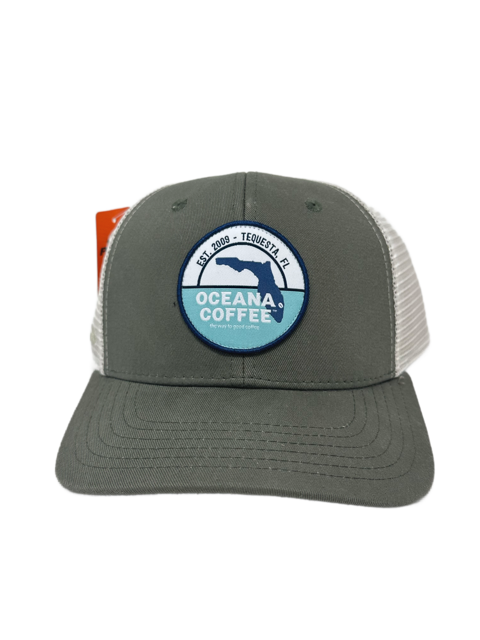 Oceana Coffee Trucker Hat with logo patch on front.