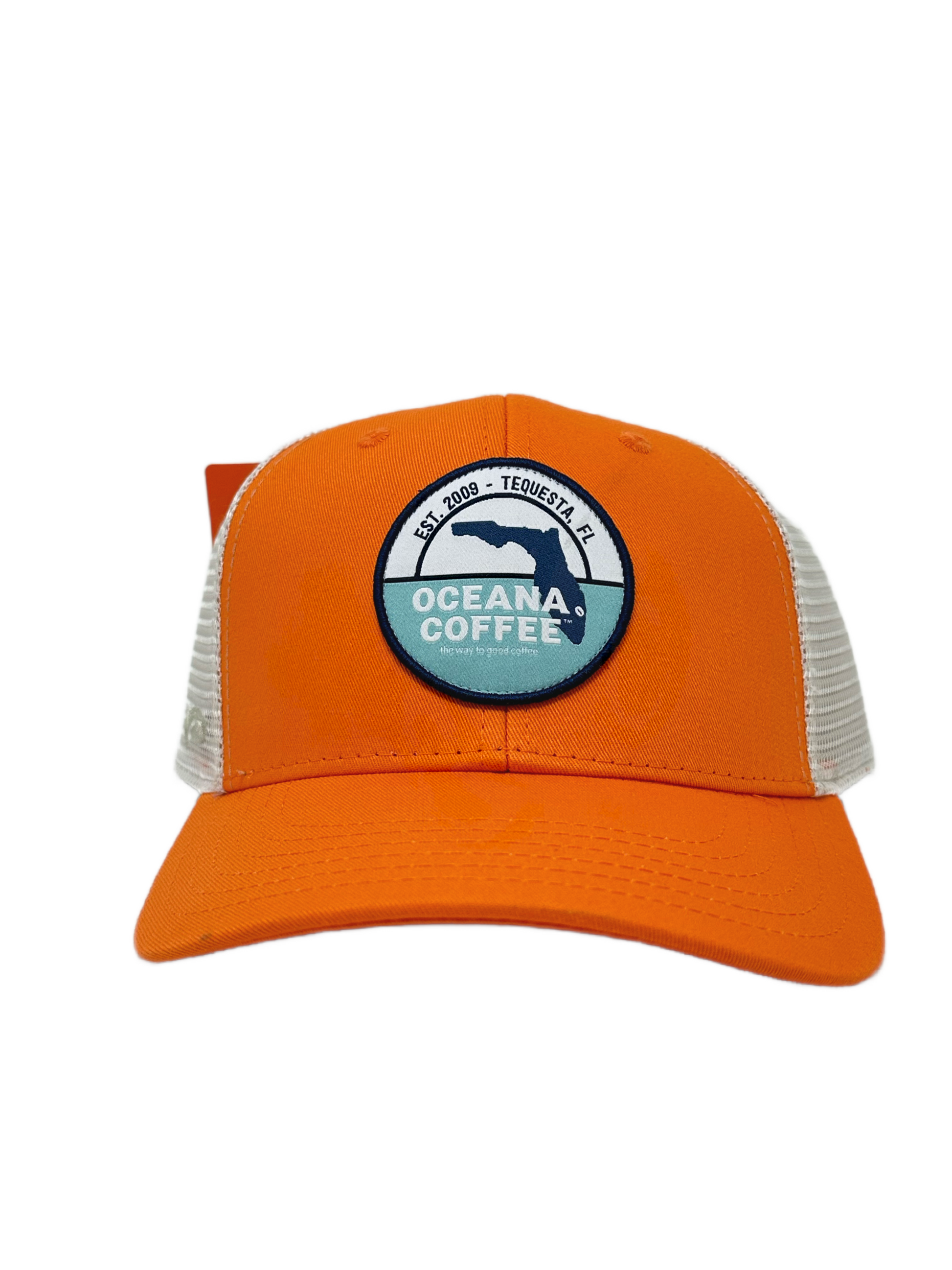 Orange Oceana Coffee trucker hat with logo embroidery.