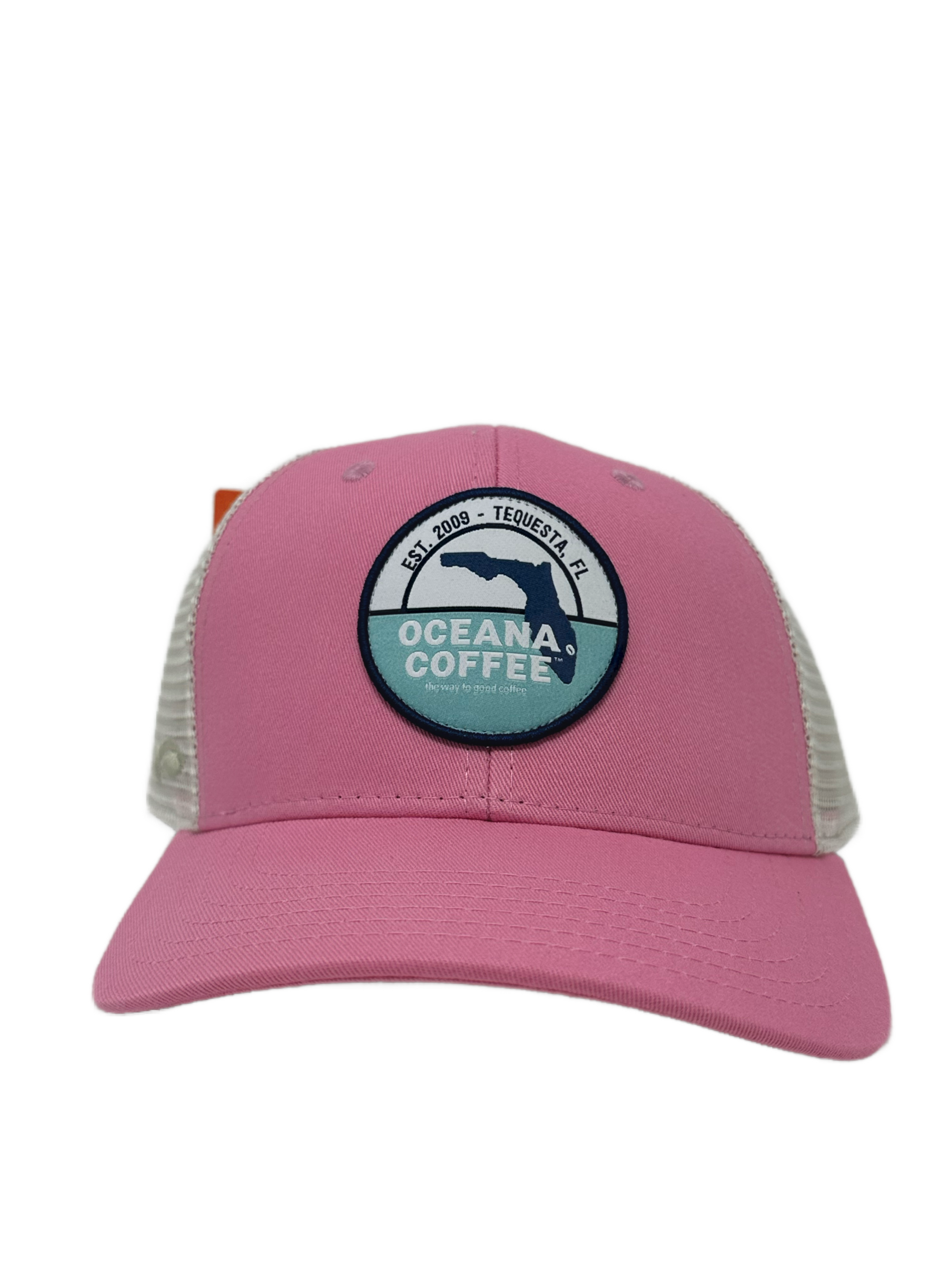 Oceana Coffee Trucker Hat in pink with logo patch.