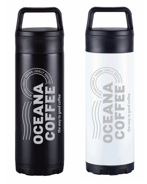 18 ounce Oceana Coffee water bottle in black and white.
