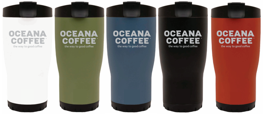 Five colorful 16 ounce Oceana Coffee travel mugs in white, green, blue, black, and red.