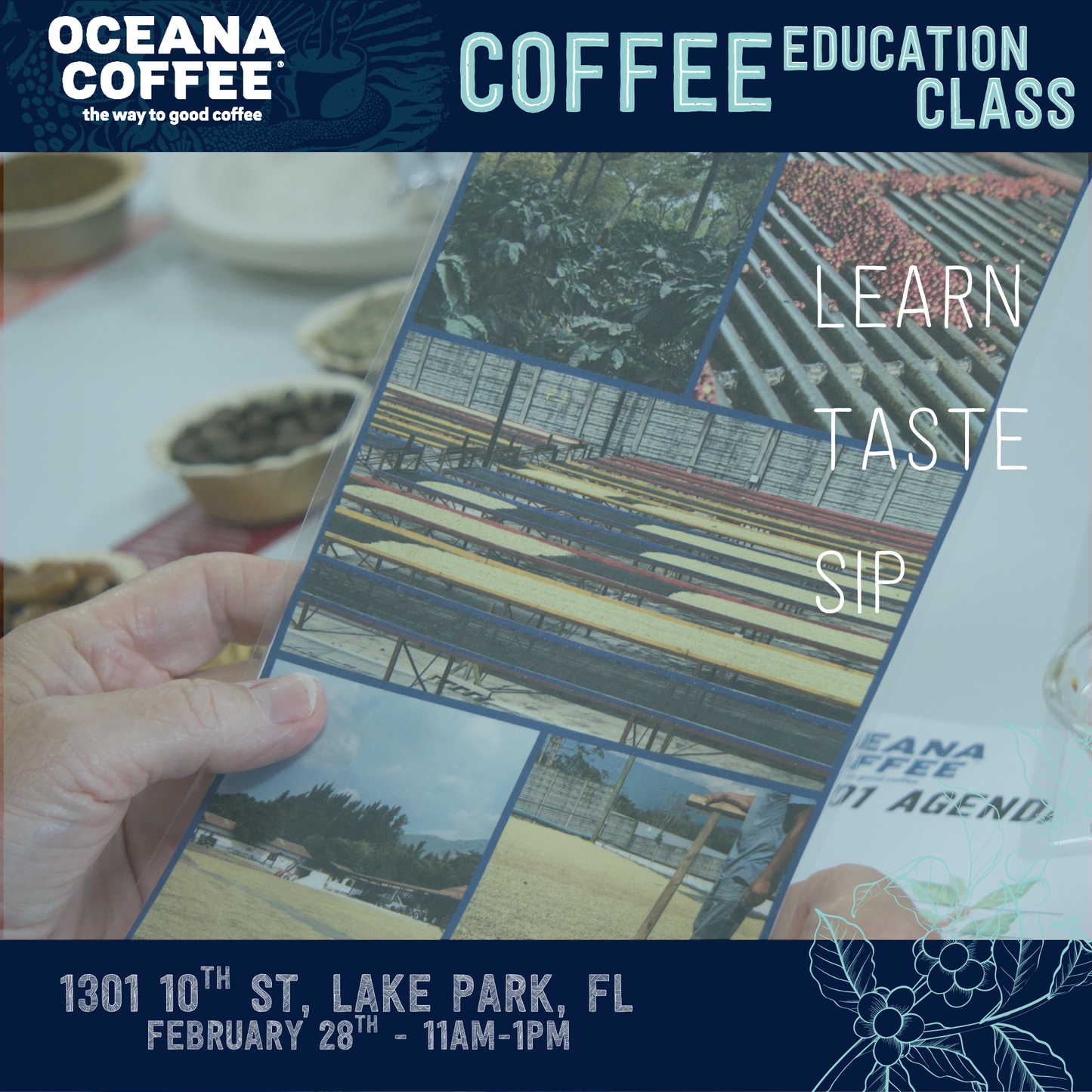 Coffee Education Series flyer showing farm to cup process and event details at Oceana Coffee Lake Park, FL for home brewing methods class