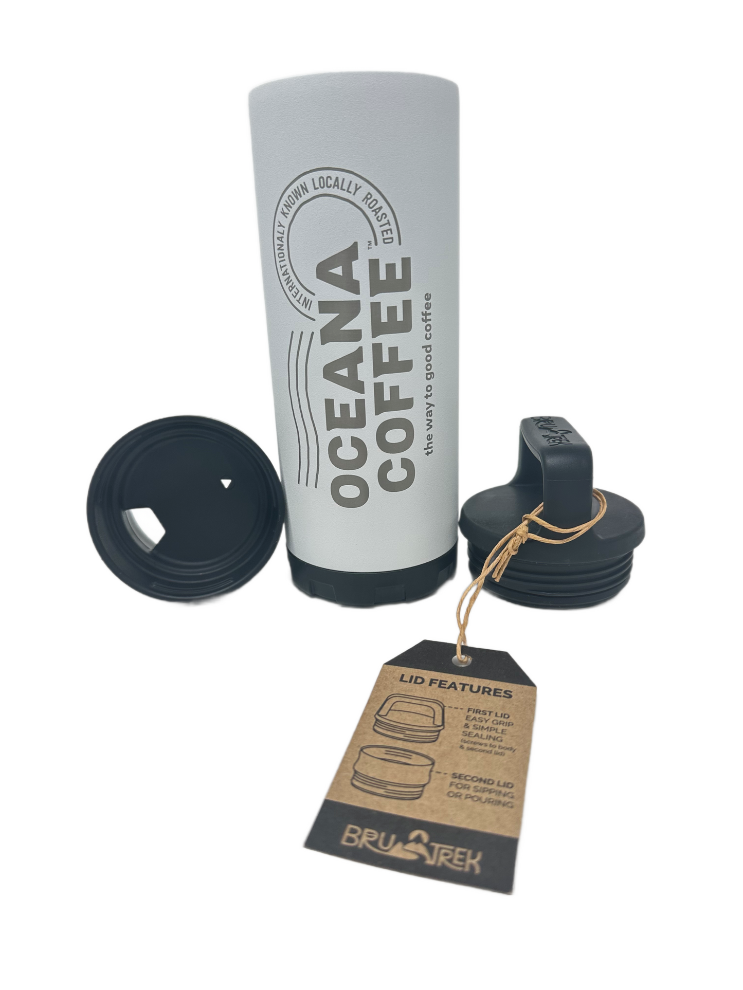 18 Ounce Oceana Coffee Water Bottle with lids and tag displayed.