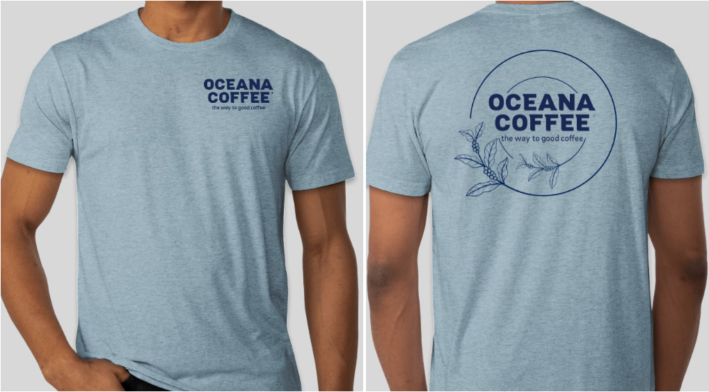 Oceana Coffee Tee Shirt in light blue tri-blend fabric, front and back design.
