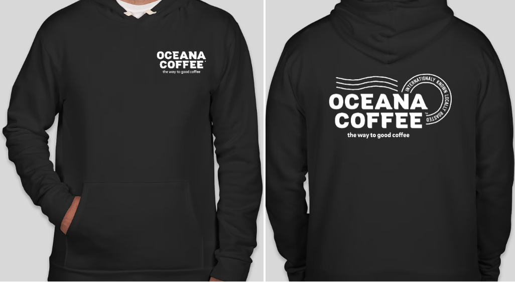 Oceana Coffee Hoodie with logo design, front and back view.