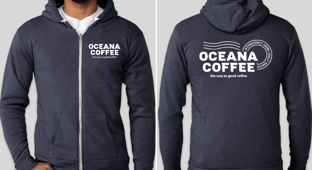 Oceana Coffee Hoodie with front zipper and printed logo.