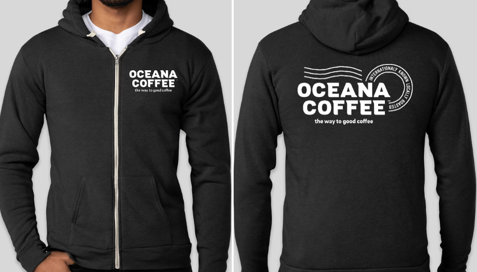 Oceana Coffee Hoodie, front and back view, pullover or zipper style.