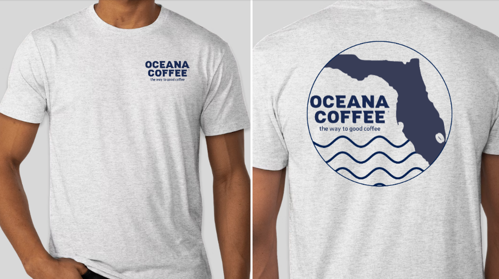 Oceana Coffee Tee Shirt with logo on front and map design on back, tri-blend fabric.