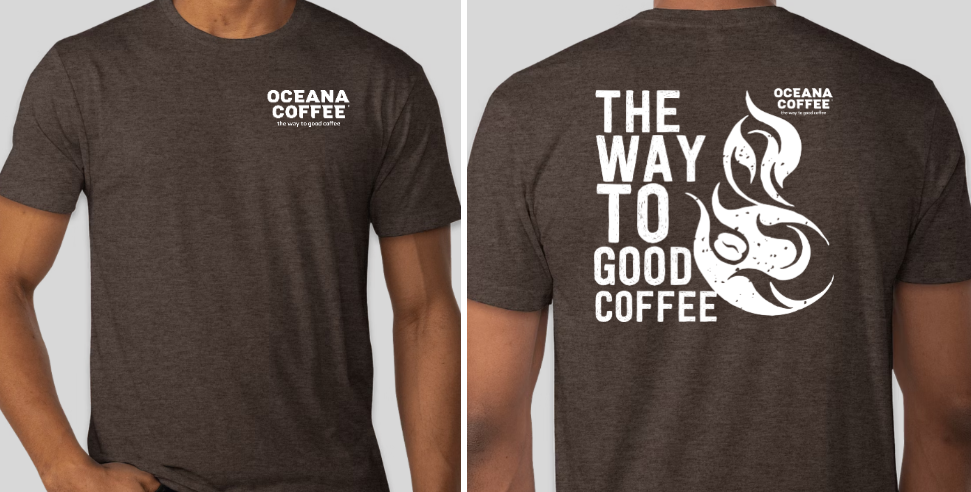 Oceana Coffee Tee Shirt tri-blend with front and back design.