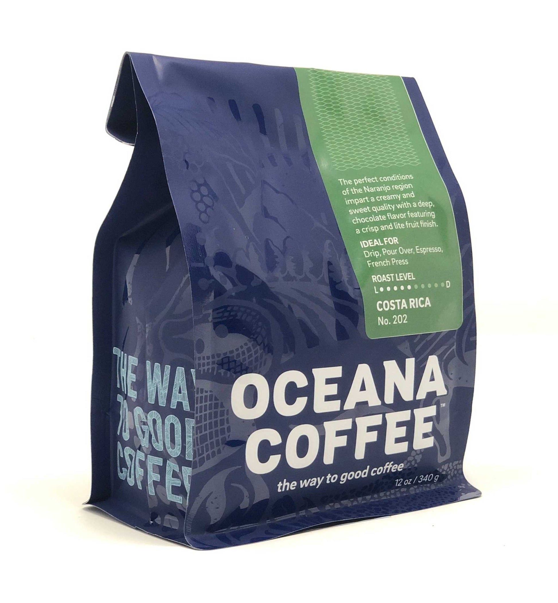 Oceana Coffee Costa Rica medium roast with smooth chocolate, toasted almonds, and hints of orange, Rainforest Alliance certified