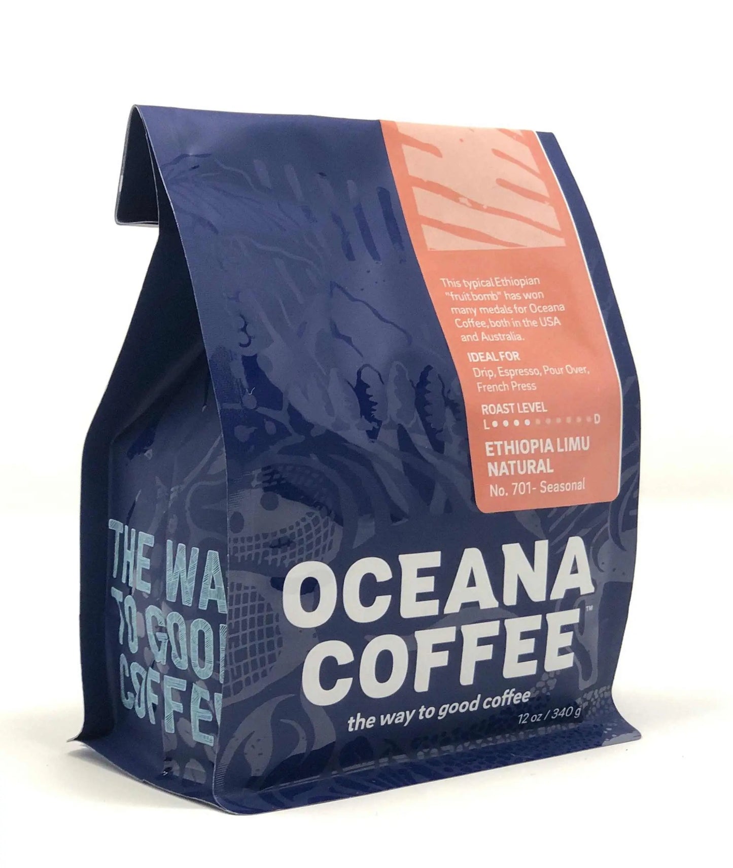 Ethiopia Limu Natural coffee bag by Oceana Coffee, light medium roast.