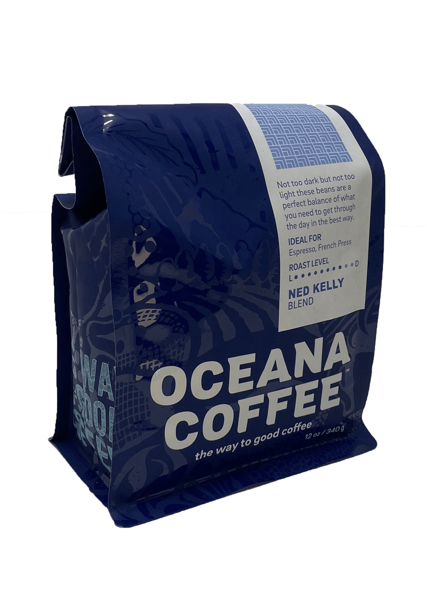 Ned Kelly Blend dark roast coffee bag by Oceana Coffee.