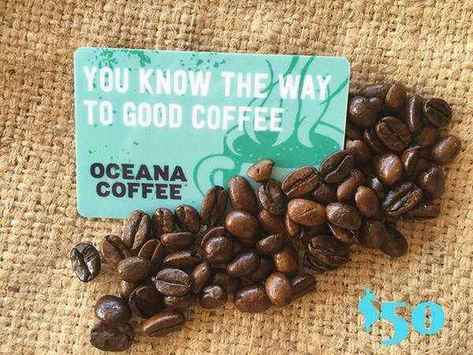 Oceana Merchandise gift card with coffee beans, valued at $50.