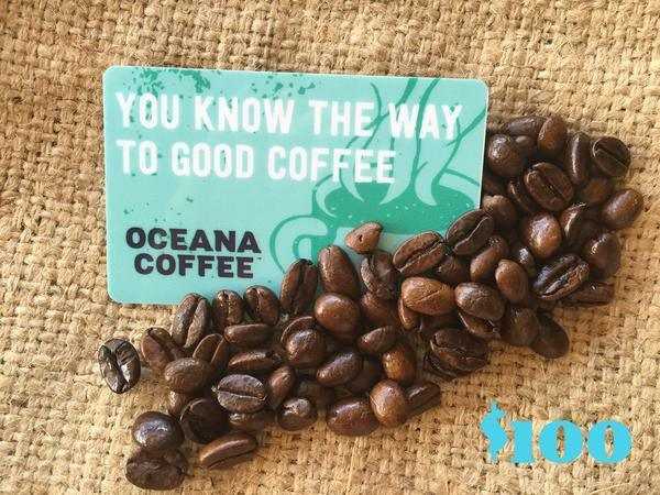 Oceana Merchandise gift card with coffee beans on burlap background.