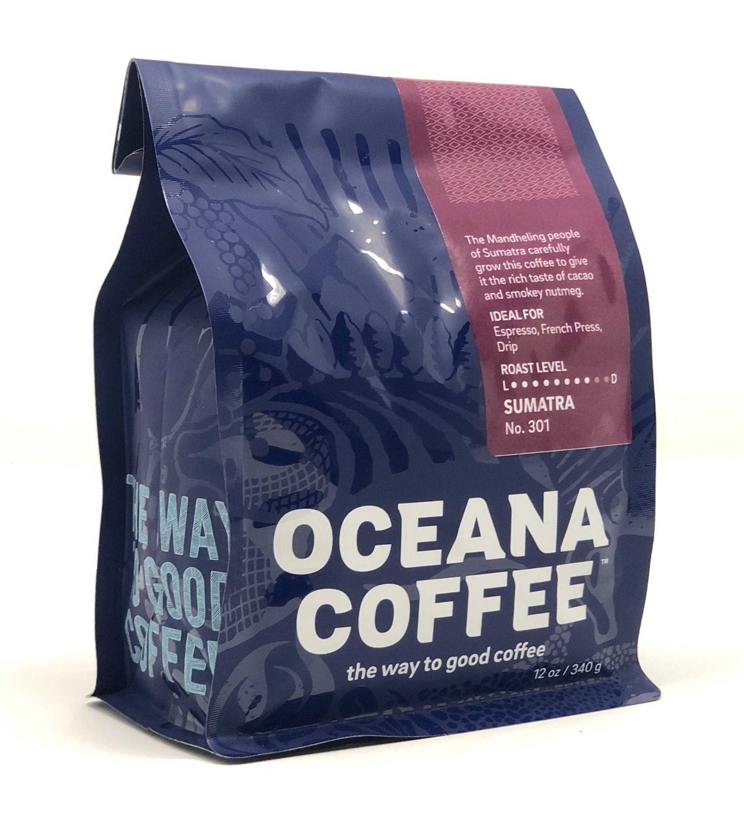 Sumatra Mandheling coffee bag, medium-dark roast, Oceana Coffee.