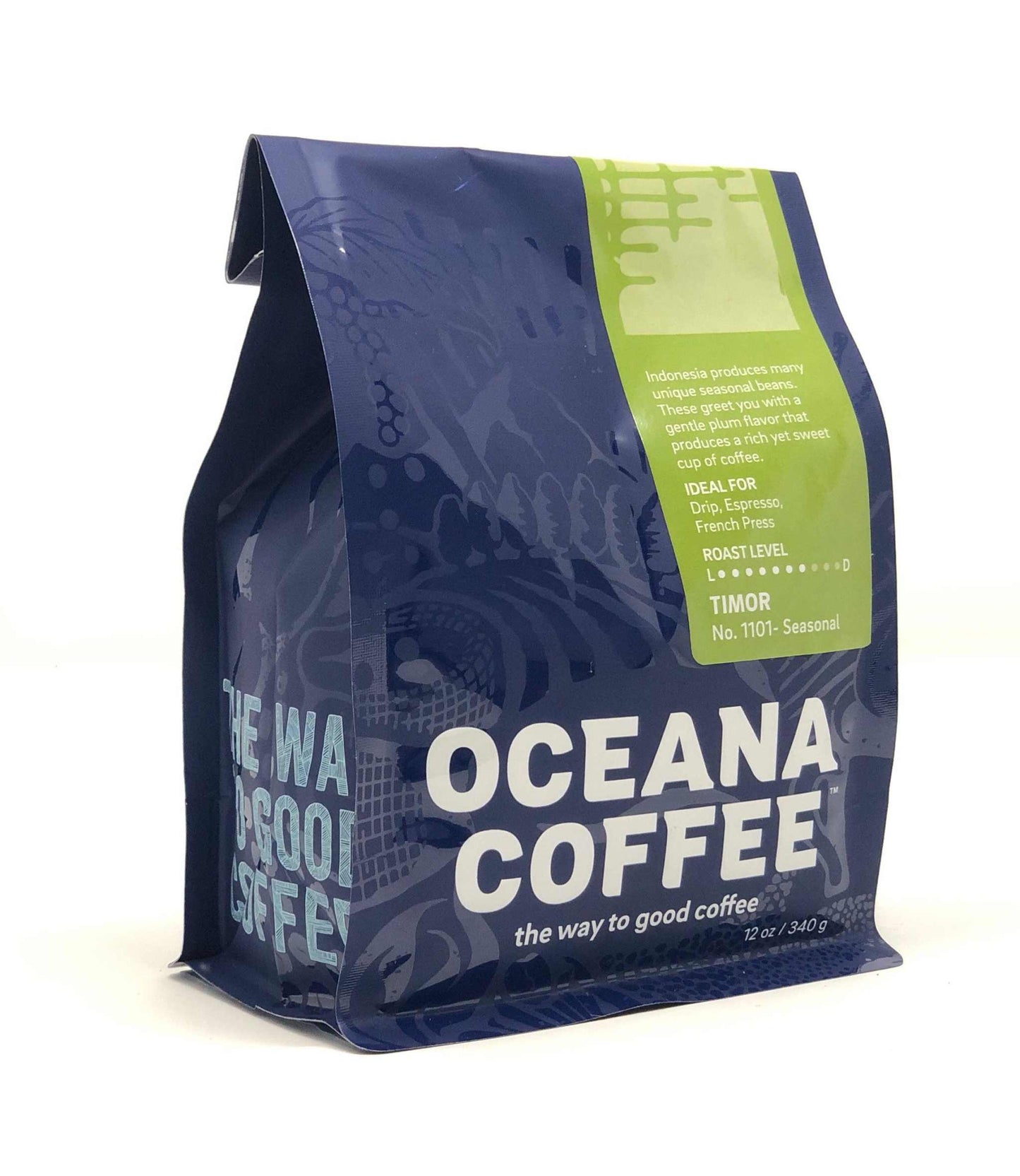 Oceana Coffee bag of Timor Fair Trade Organic Beans with dark chocolate and brown sugar flavor notes
