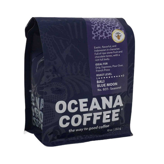 Bali Blue Moon coffee beans bag with medium dark roast Arabica description.