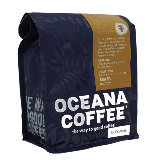 Oceana Coffee Brazil Cerrado medium roast bag with chocolate and buttery caramel flavor description