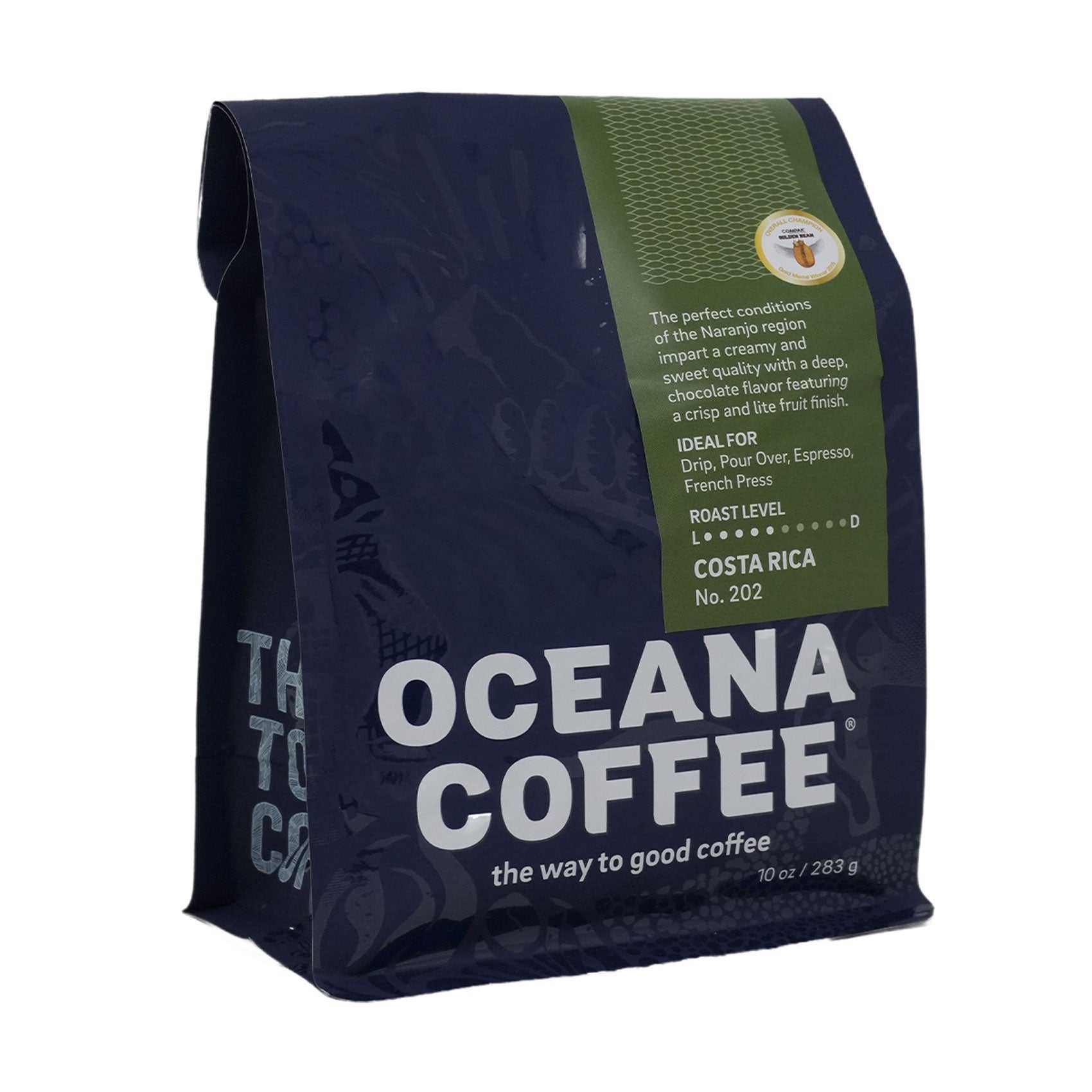 Costa Rica medium roast coffee with smooth chocolate, toasted almonds, brown sugar, and orange notes, Rainforest Alliance Certified