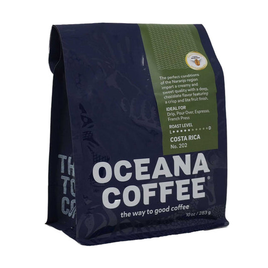 Costa Rica medium roast coffee bag with deep chocolate and almond notes, Rainforest Alliance Certified