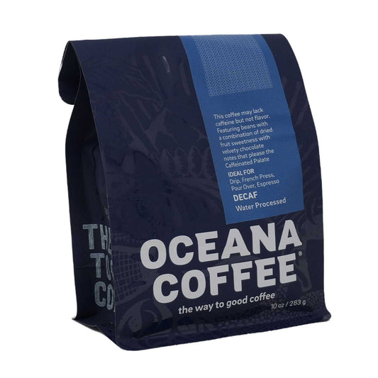 Decaf coffee package, water processed, two-time silver medal winner, Oceana Coffee.