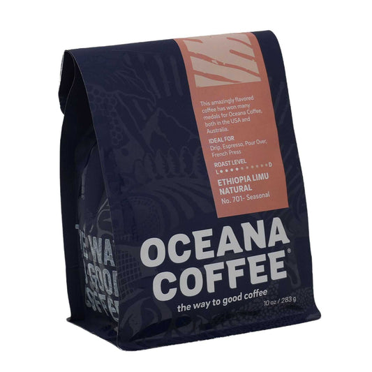 Ethiopia Limu Natural light medium roast coffee bag from Oceana Coffee.