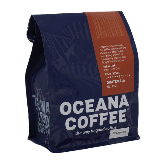 Oceana Coffee Guatemala Huehuetenango medium roast package with tangerine, chocolate, and walnut notes