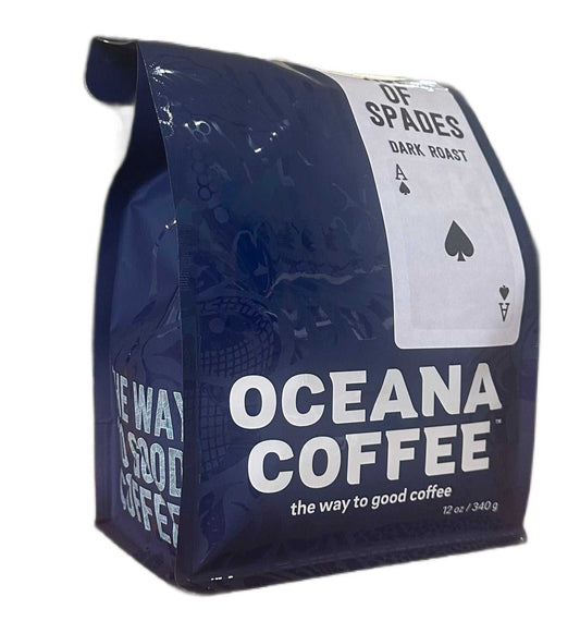 Ace Of Spades Dark Roast coffee bag by Oceana Coffee, featuring rich blend of two premium dark-roasted coffees.