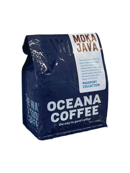 Oceana Coffee Moka Java blend bag featuring a classic coffee mix with notes of chocolate, fruit, and spice.