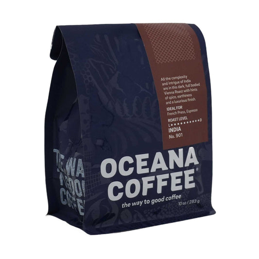 India Monsooned Malabar dark roast coffee bag with Oceana branding.