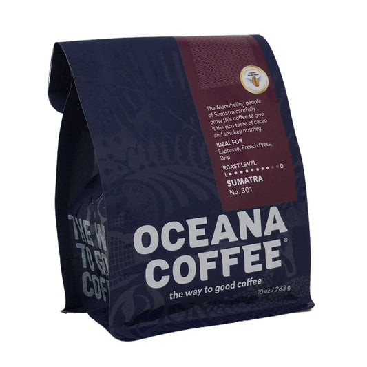 Sumatra Mandheling medium-dark roast coffee with chocolaty, spicy, and fruity notes from Northern Sumatra, Indonesia