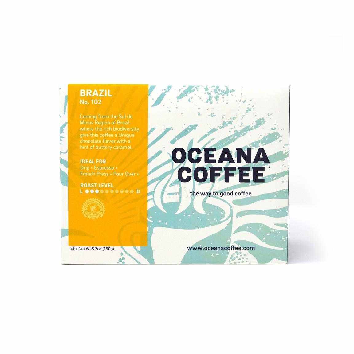 Brazil 12 Pack K-Cups with Oceana Coffee branding, ideal for single-serve brewers, recyclable packaging.