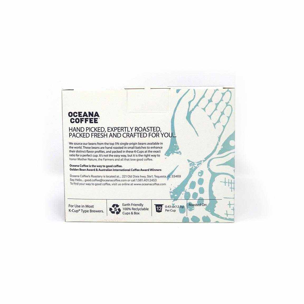 Brazil 12 Pack K-Cups by Oceana Coffee, handpicked and roasted in Tequesta, Florida, offering chocolate and caramel flavors; 100% recyclable and fresh for single-serve brewers.