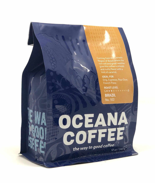 Oceana Coffee Brazil Cerrado medium roast with sweet, full body, chocolate and buttery caramel notes in blue packaging