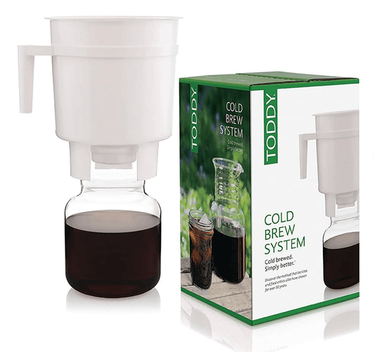 Cold Brew Blend coffee with white brewing system and packaging.