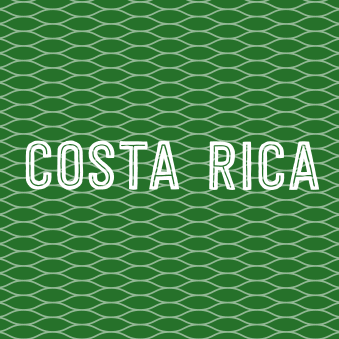 Costa Rica medium roast coffee with smooth chocolate, toasted almonds, and citrus notes on a green patterned background