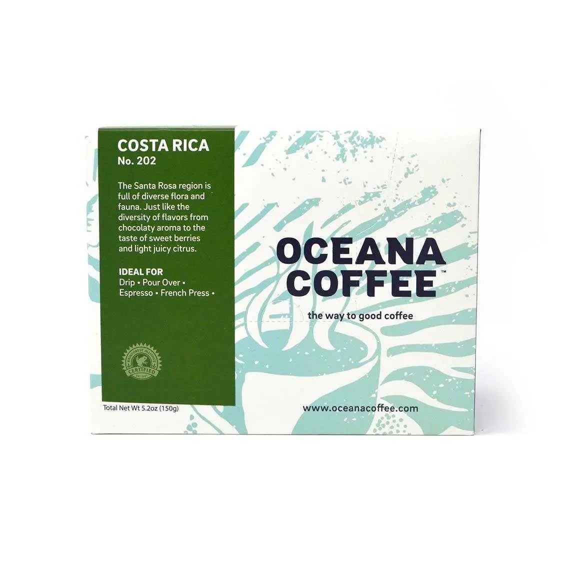 Costa Rica Tarrazu 12 Pack K-Cups with Oceana Coffee branding and recyclable packaging.