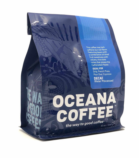 Decaf coffee package, water processed, two-time silver medal winner, Oceana Coffee.