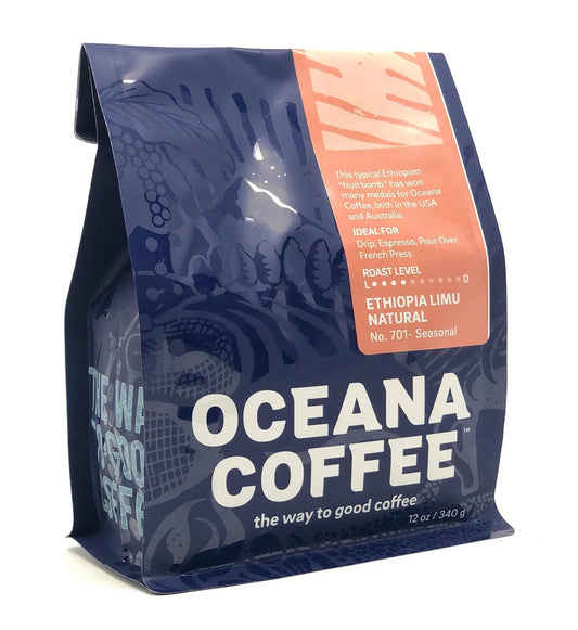 Ethiopia Limu Natural light medium roast coffee bag from Oceana Coffee.