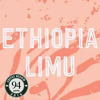 Ethiopia Limu Natural Process coffee label with 94 Coffee Review points and floral design