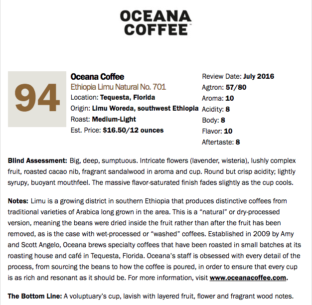 Ethiopia Limu Natural coffee review score with medium-light roast and complex floral and fruit notes