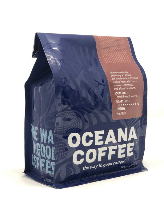 India Monsooned Malabar dark roast coffee bag with Oceana branding.