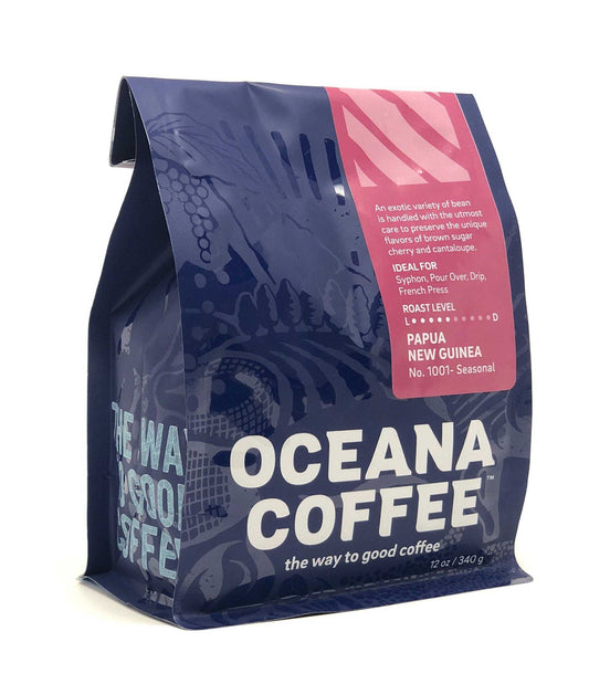 Oceana Coffee bag featuring Papua New Guinea blend with notes of green apple, honey, and pecan.