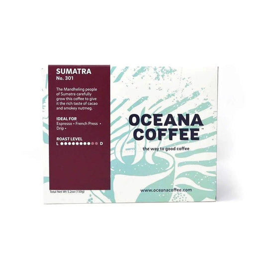 Sumatra Mandheling K-Cups box from Oceana Coffee with cacao and smokey nutmeg flavor, suitable for espresso and French press.