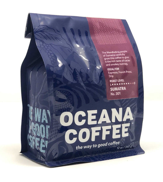 Sumatra Mandheling medium dark roast coffee bag with rich chocolaty and spicy notes.